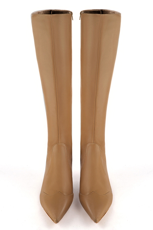 Camel beige women's feminine knee-high boots. Pointed toe. Low flare heels. Made to measure. Top view - Florence KOOIJMAN